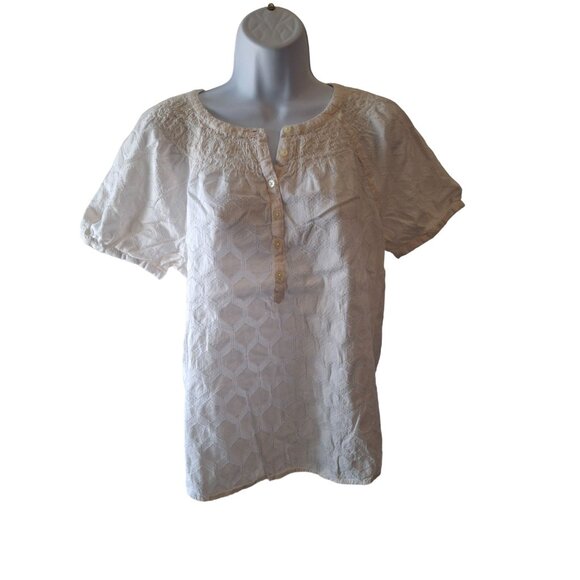 Loft Womens Blouse S White Smocked Neck Textured Short-Sleeve Minimalist Preppy - Picture 1 of 7